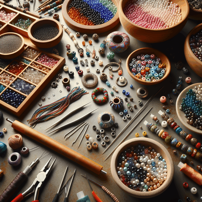 Czech vs Japanese beads comparison, colorful bead types, tools for bead weaving, artistic workspace для виготовлення прикрас з бісеру.
