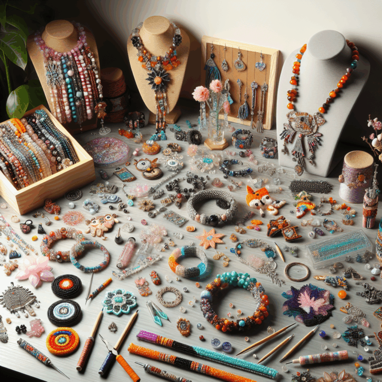 Яскравий бісерний браслет з підвіскою, виготовлений з натуральних каменів і елементів мультяшних персонажів, на фоні робочого столу майстра з бісероплетіння.