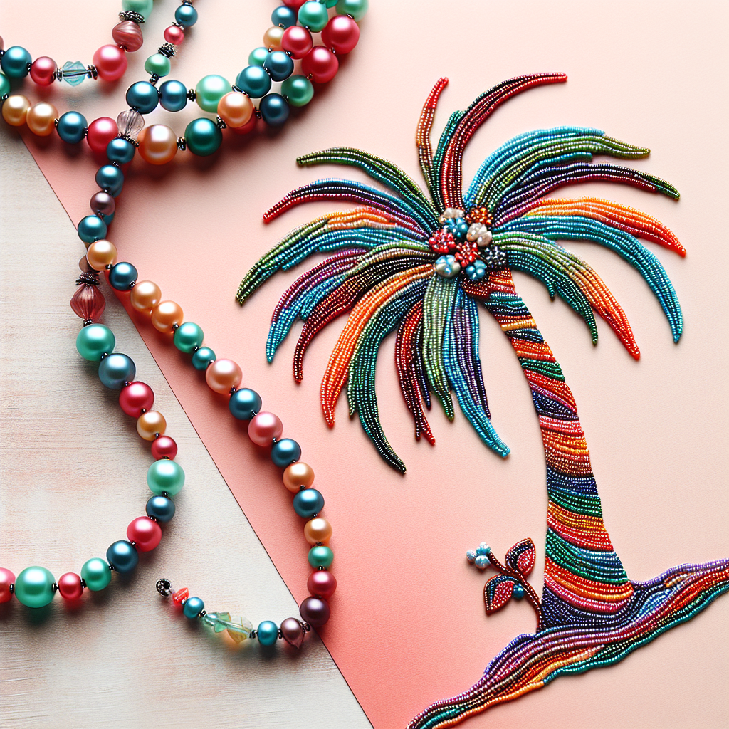 Пальма з бісеру та об'ємне намисто з перлинного бісеру на м'якому фоні