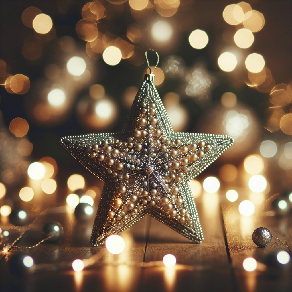 новорічна прикраса у вигляді бісерної зірки на фоні розмитих світлових ефектів