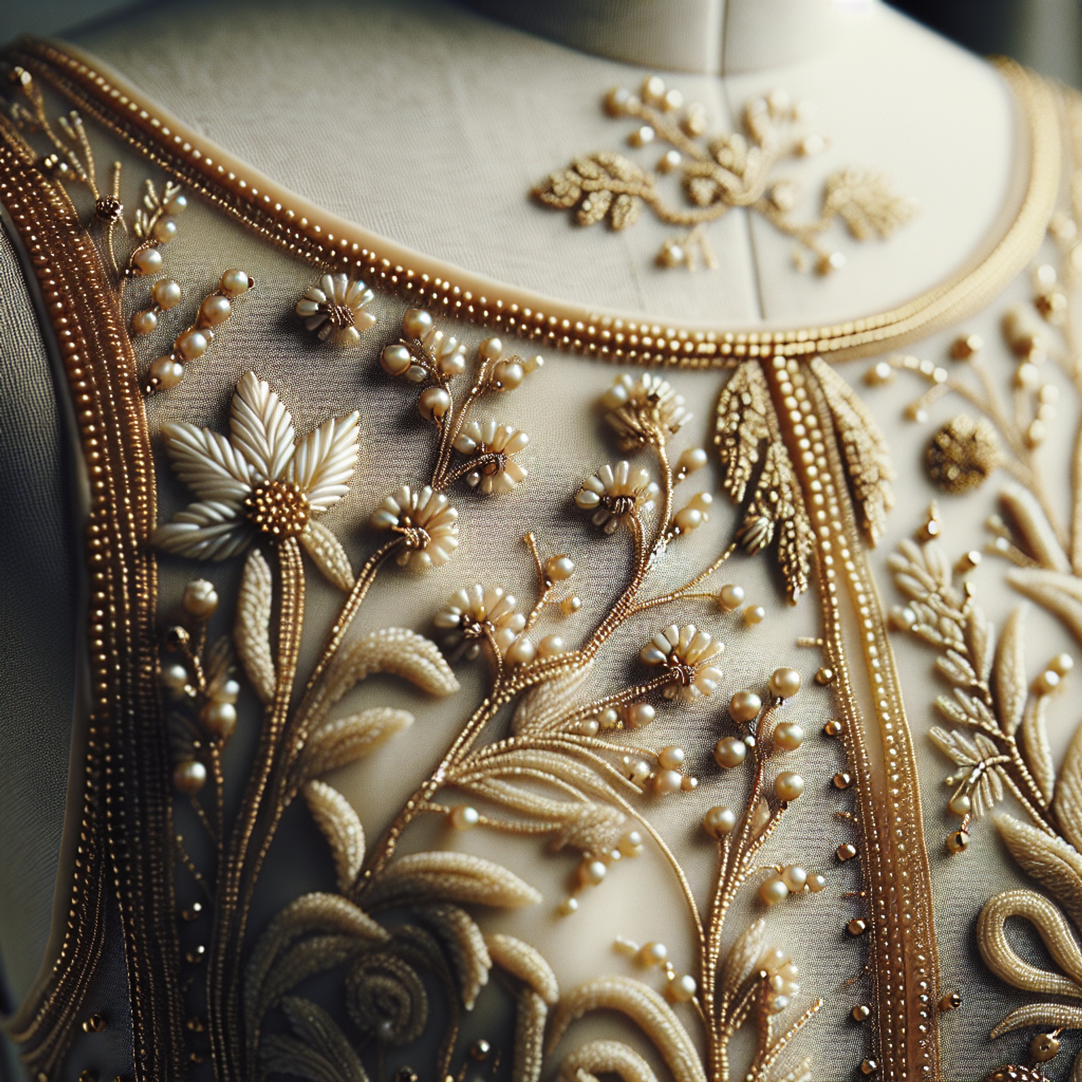 Деталь оздоблення бісером сукні з Miyuki Delica і акуратною фурнітурою під золото на нейтральному фоні