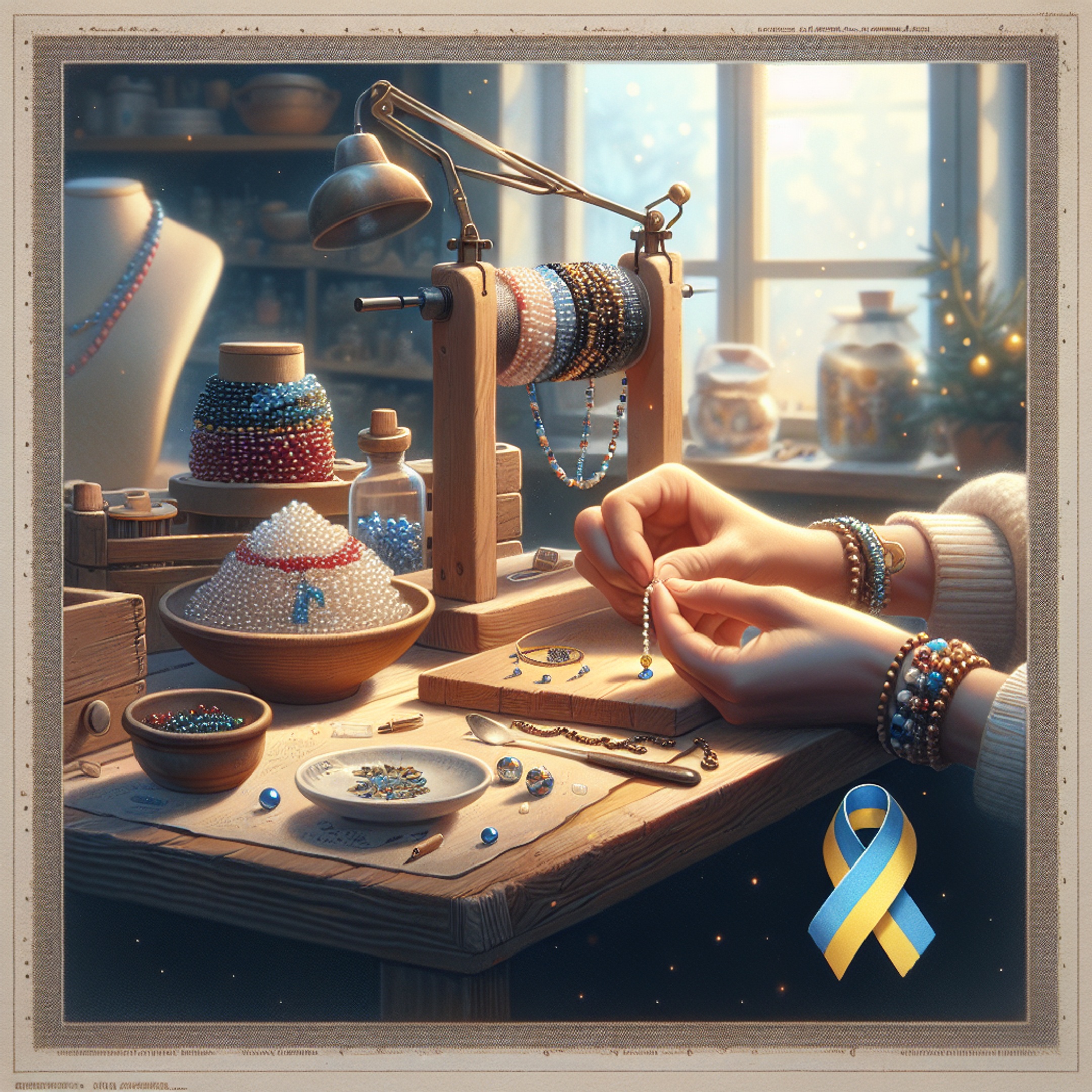 Руки плетуть бісерний браслет і новорічні сережки в київській майстерні, оригінальний чеський бісер, синьо-жовта стрічка