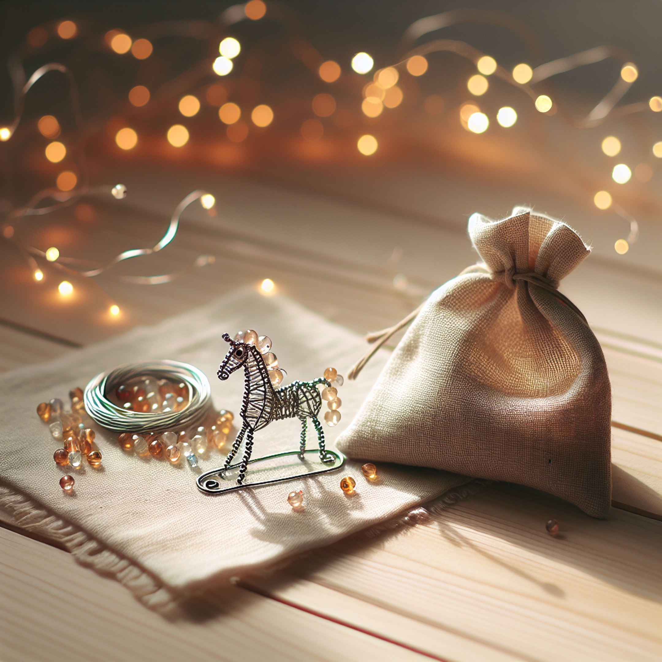 Бісерний коник з дроту й прозорого скляного бісеру поруч із лляним мішечком для бісеру - мінімалістична новорічна прикраса