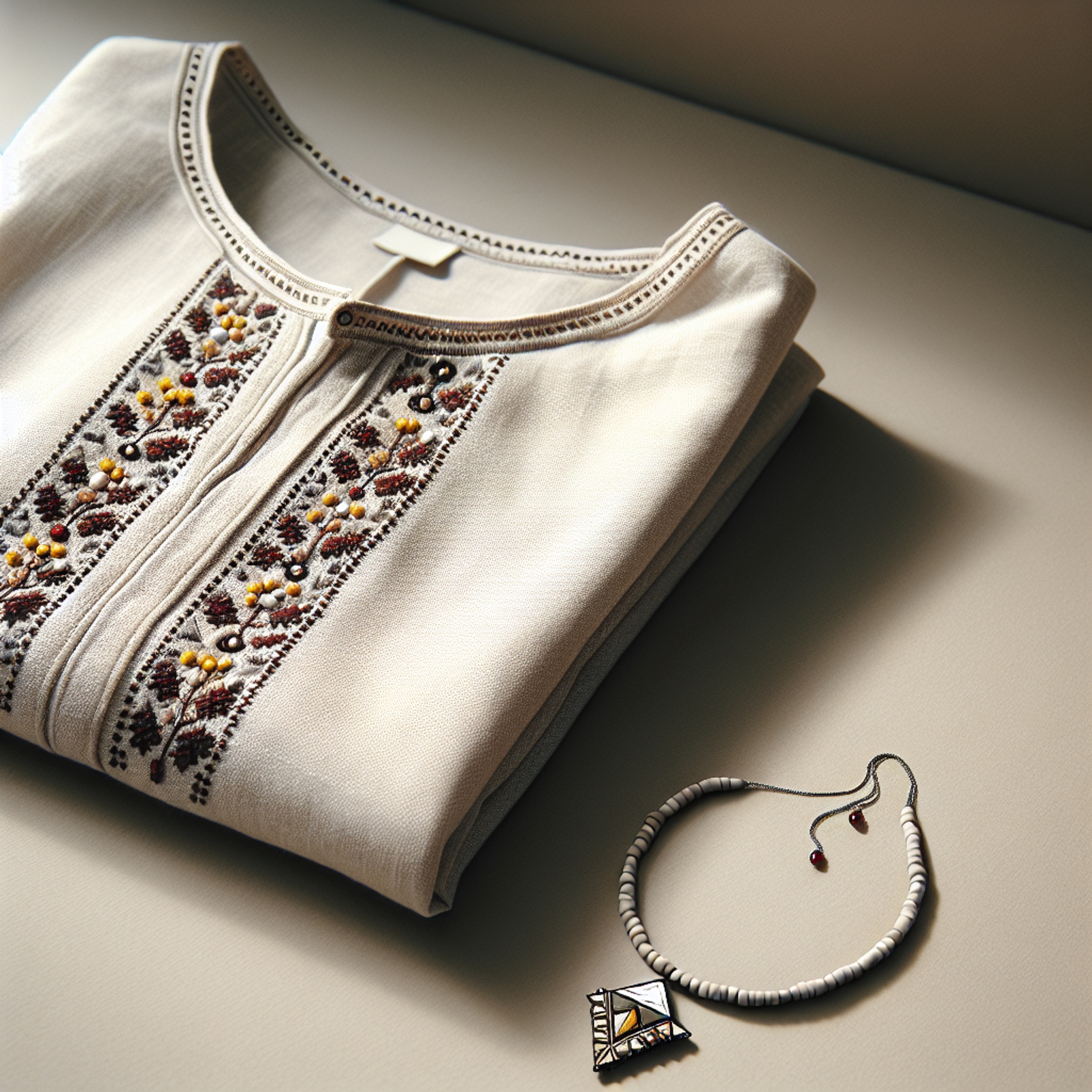 Плоска композиція: льняна сорочка з бісером на комірі поруч із мінімалістичним кольє з геометрією (трикутні мотиви) на нейтральному тлі