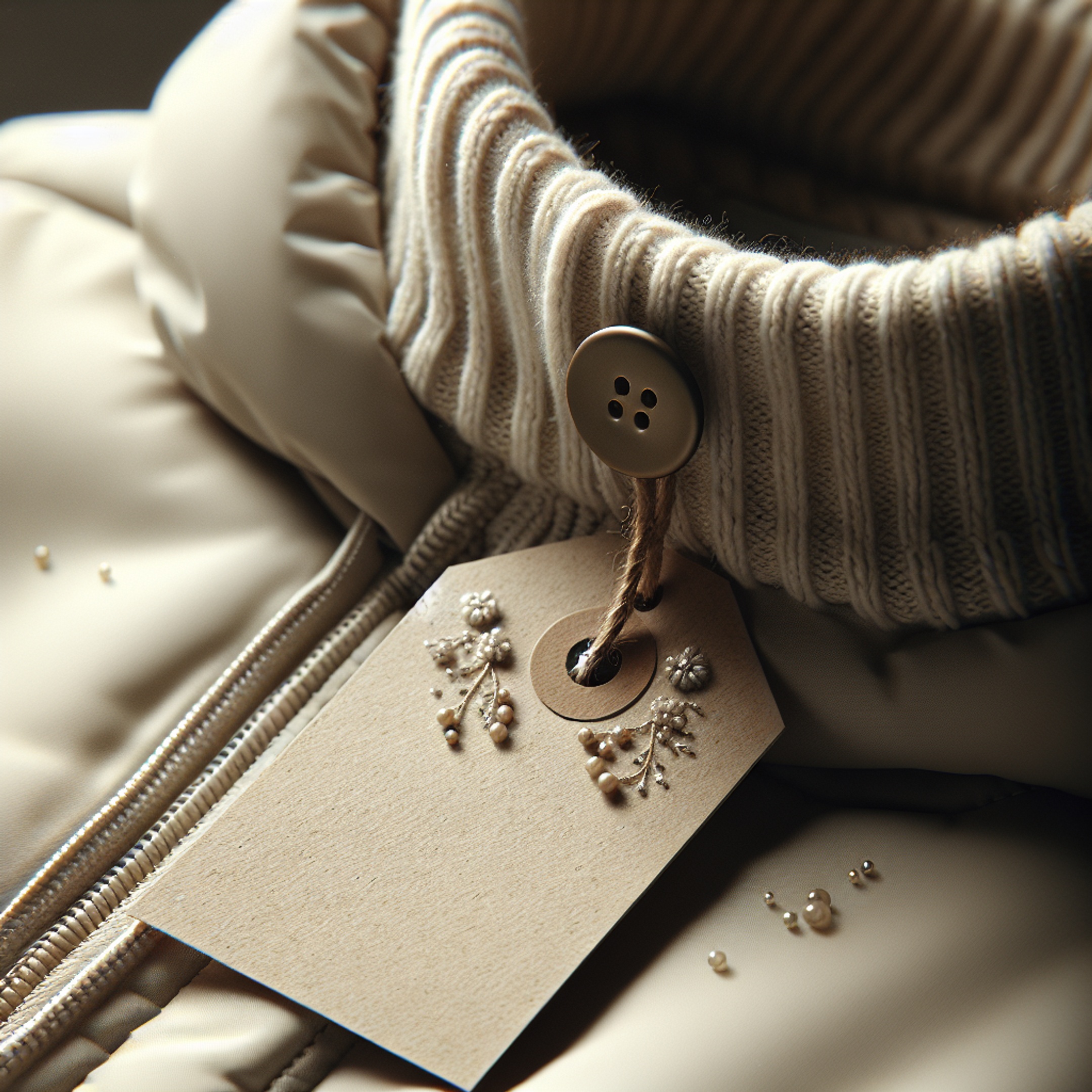 Крупний план зимової куртки з мінімалістичним декором на куртках - бісерна вишивка, матова фурнітура під золото і паперова подарункова бирка