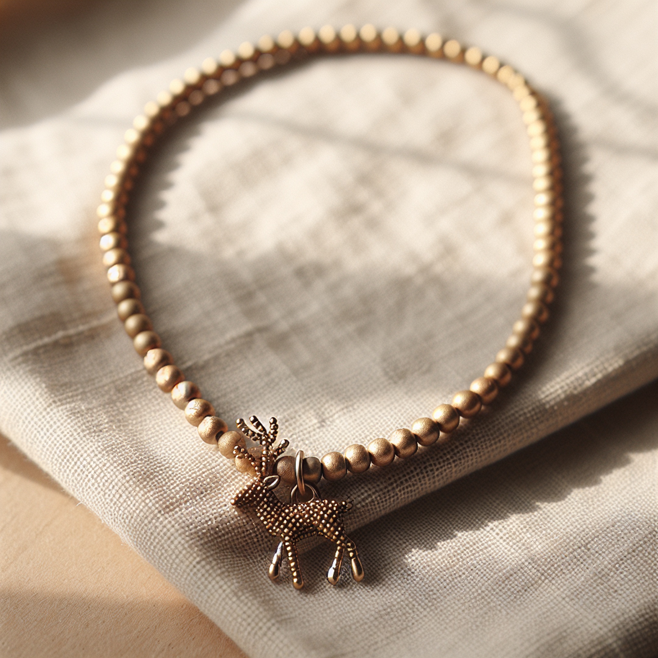 Кольє з золотим бісером з підвіскою‑оленем з бісеру на лляному тлі, ручна робота, зимове натхнення