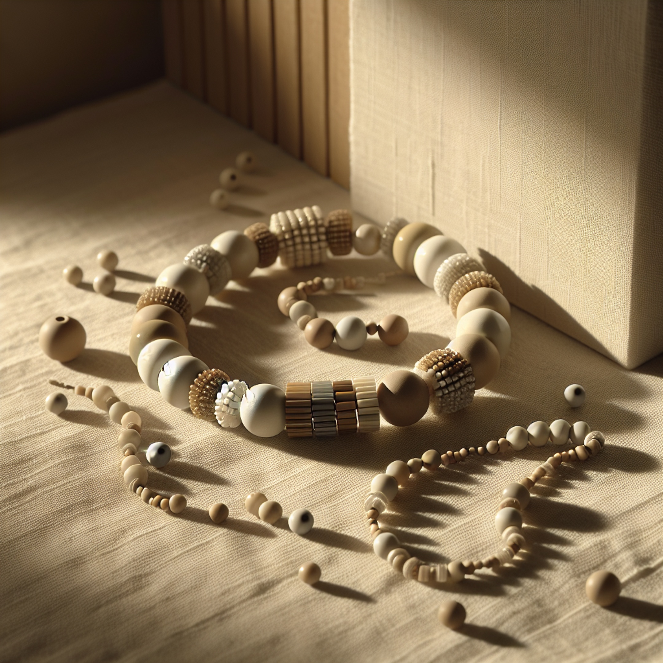 Бісер у стилі бохо: гірлянда і бісерний медальйон з матовим, глянцевим та циліндричним бісером на теплом льняному фоні