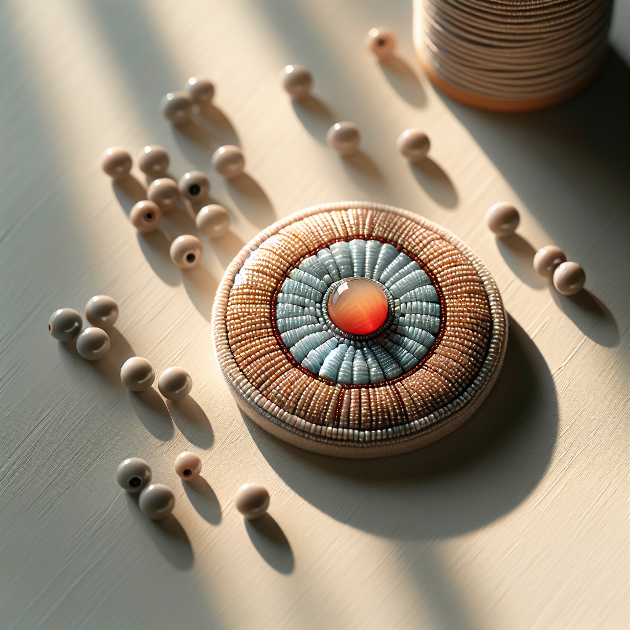 Макрознімок обплетеного кабошона циліндричним бісером із яскравим кольоровим акцентом на чистому нейтральному фоні