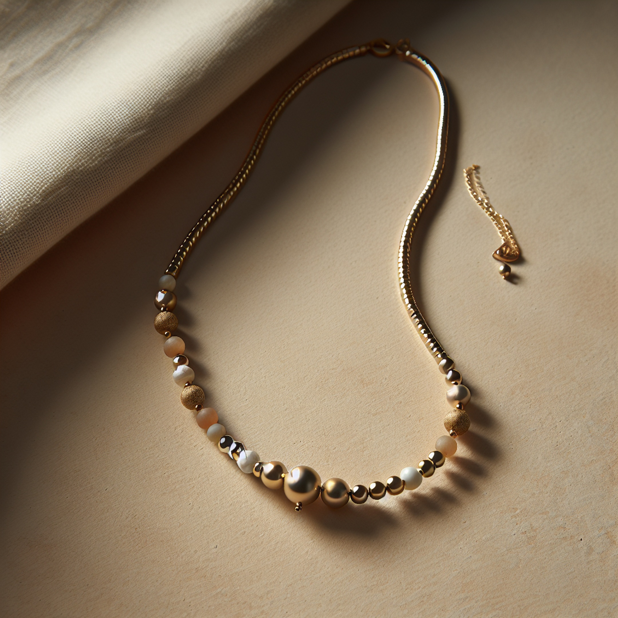 Мінімалістичне фото кольє з золотим бісером і підвіскою на нейтральному тлі - поєднання матового і глянцевого бісеру та випадкових міксів бісеру