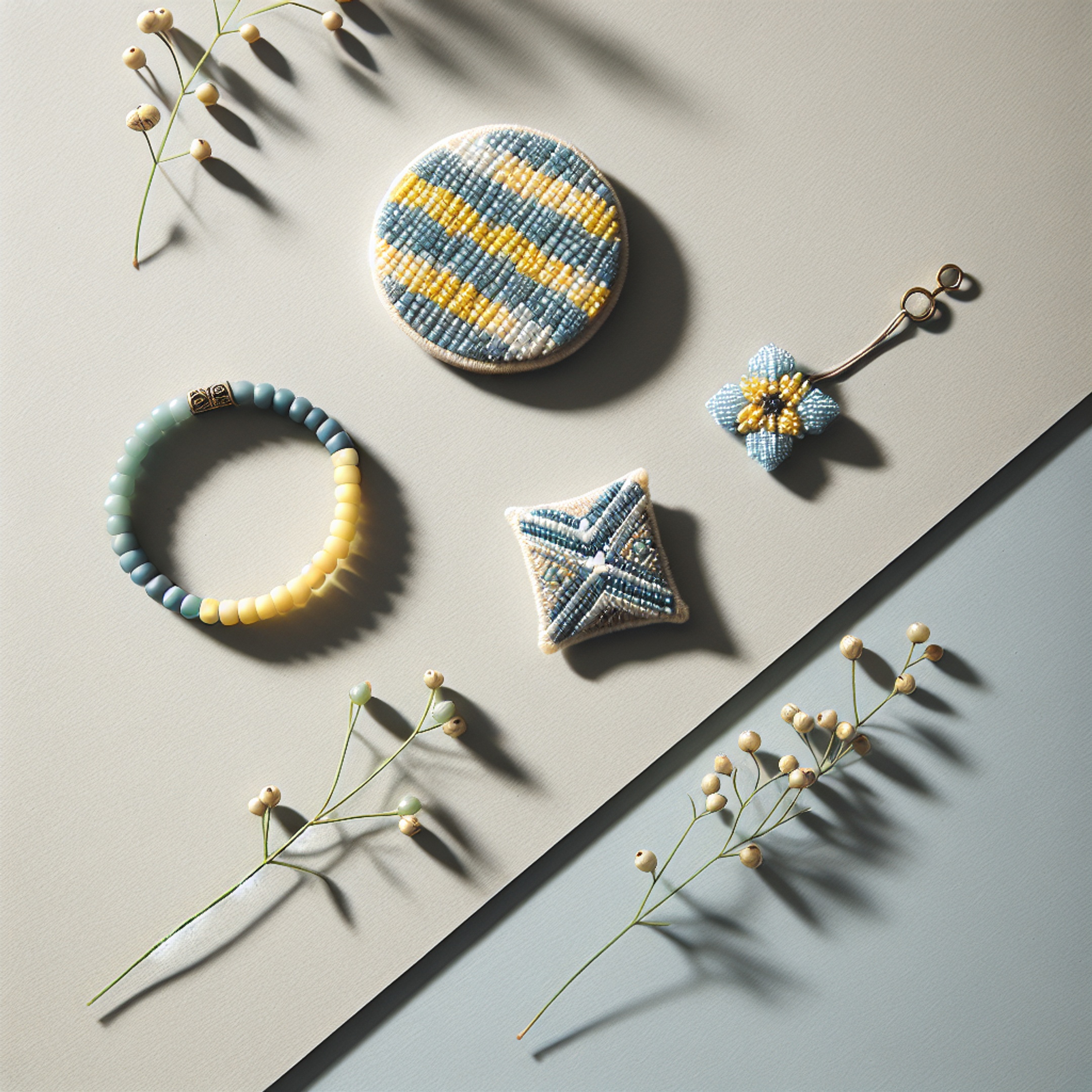 Браслет для дівчаток у синьо‑жовтих тонах, геометричний шеврон з бісеру і мотив польової квітки з бісеру