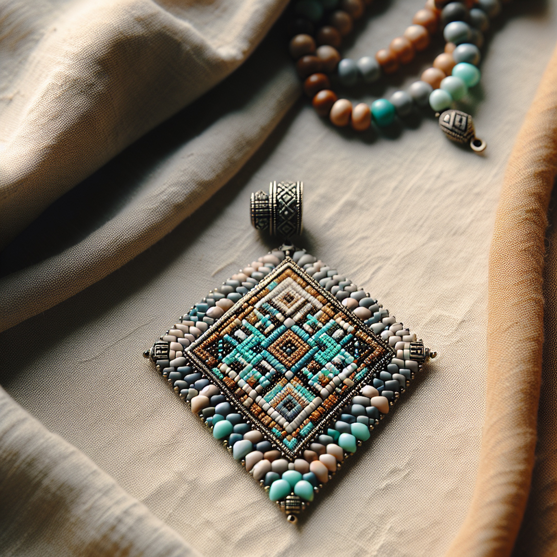 Етнічний кулон‑чокер ручної роботи з кольорового китайського бісеру, геометричний мотив у стилі вишивки, крупний план