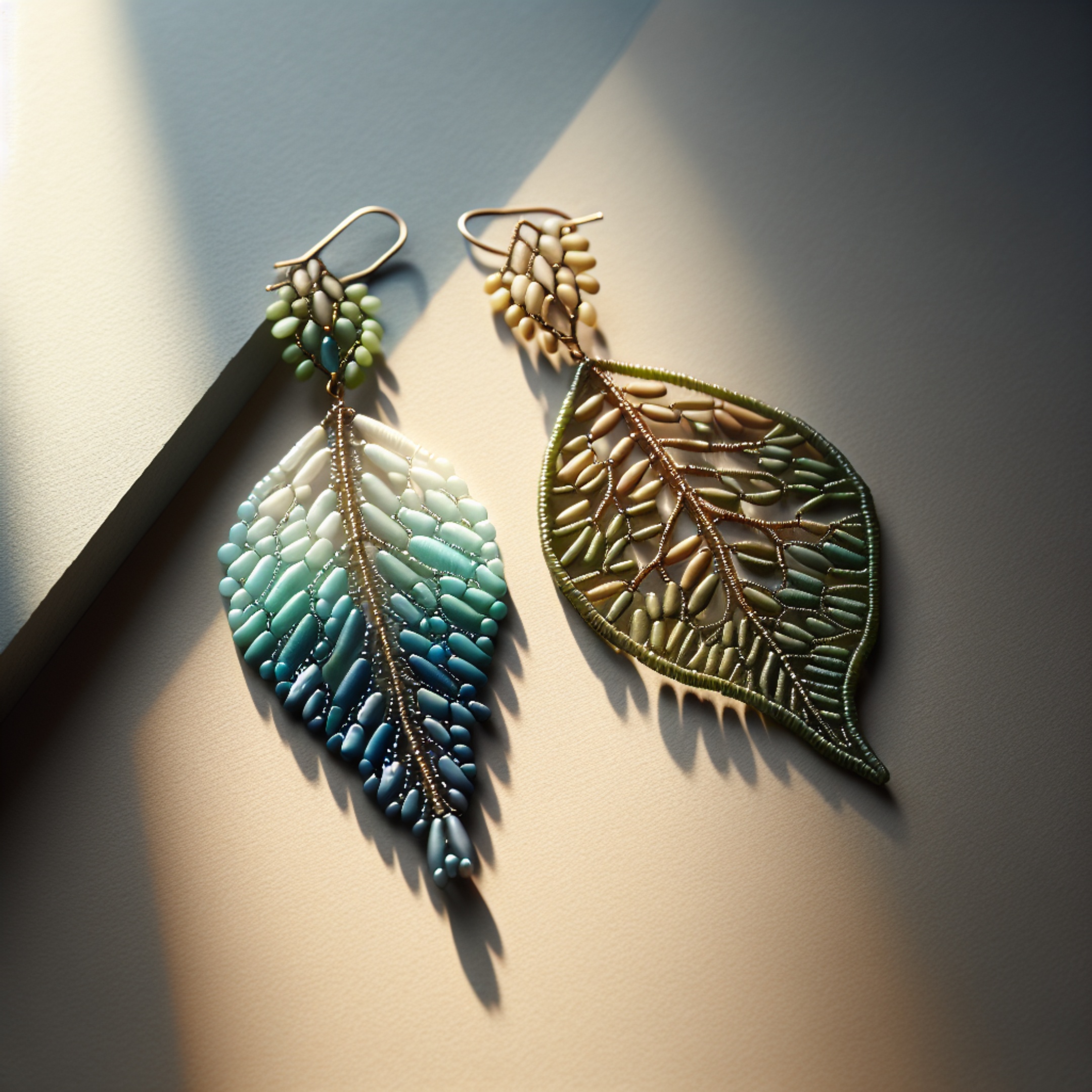 Сережки з бісеру: блакитно‑зелена крапля і мереживний листок в оливково‑золотих міксах - кольорові мікси бісеру, натхнення від природи