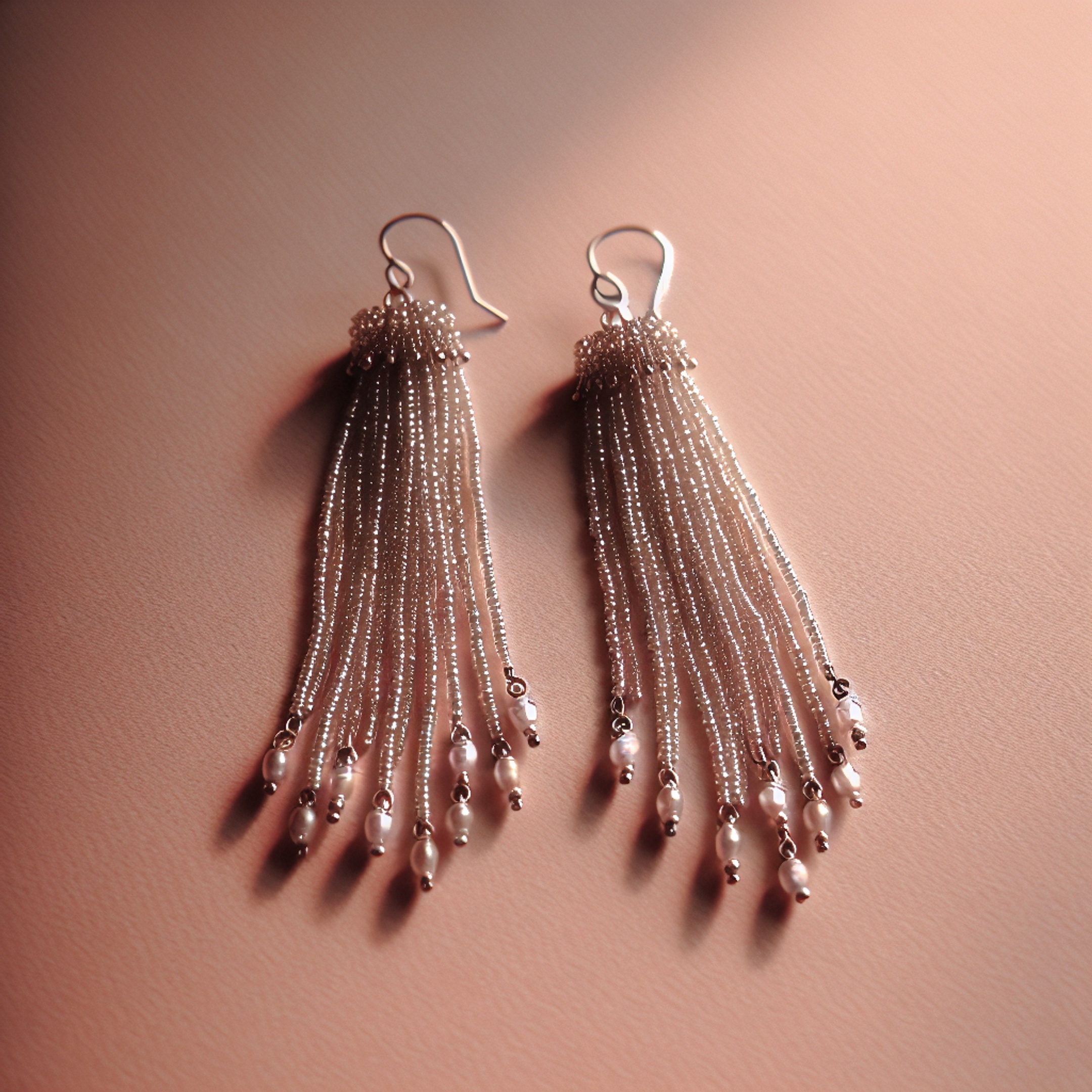 Довгі сережки з бісерної сітки з обіймачами для намистин на ніжному рожевому фоні - текстура та блиск японського бісеру