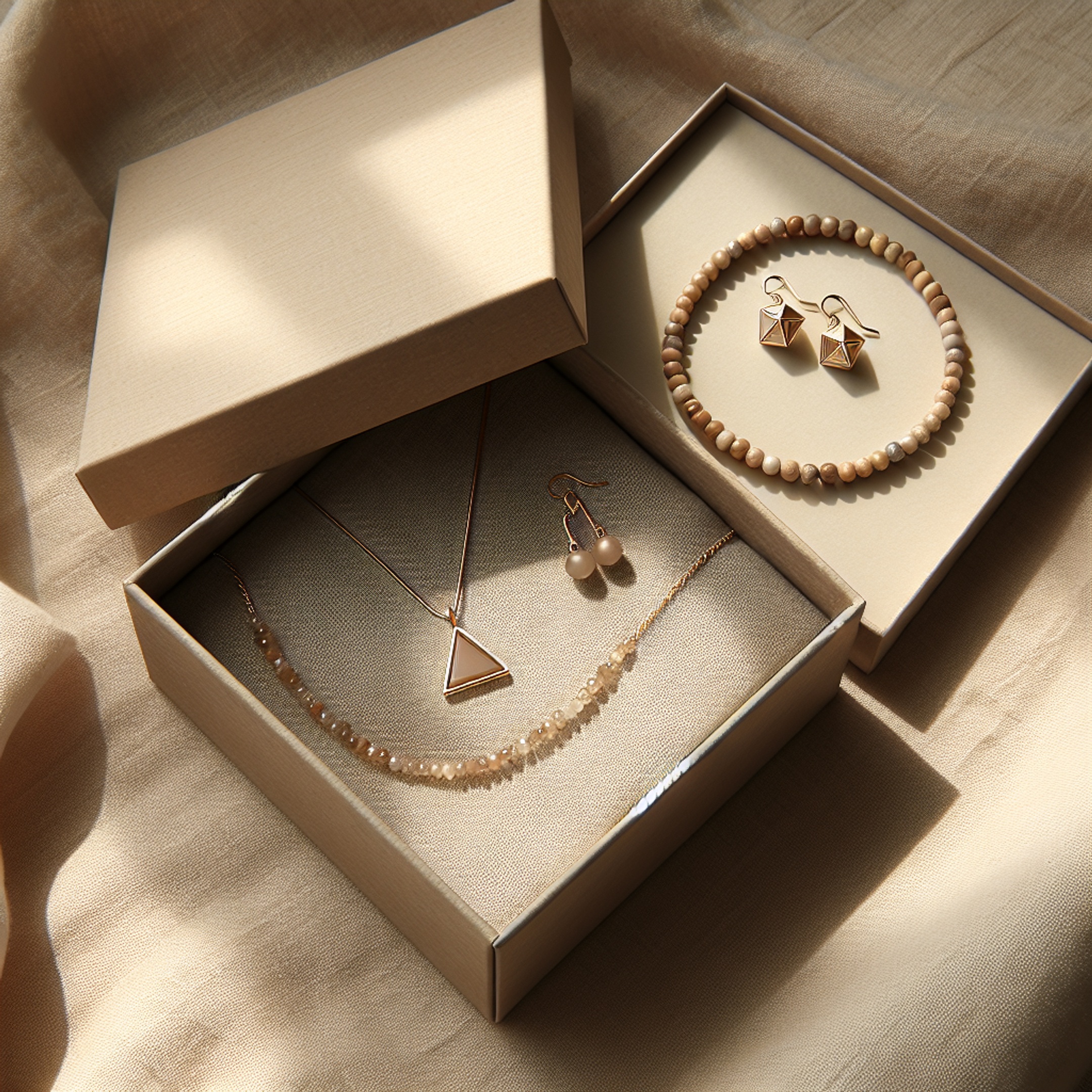 Флетлей подарункового сету: трикутне намисто, бісерний чокер і геометричні сережки на нейтральному льняному підкладці