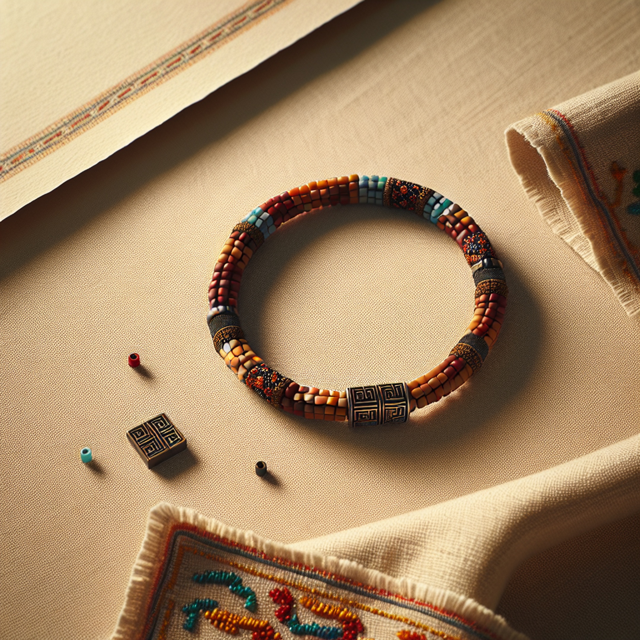 Етнічний браслет - мікс металу та кольорового китайського бісеру на нейтральному льняному фоні