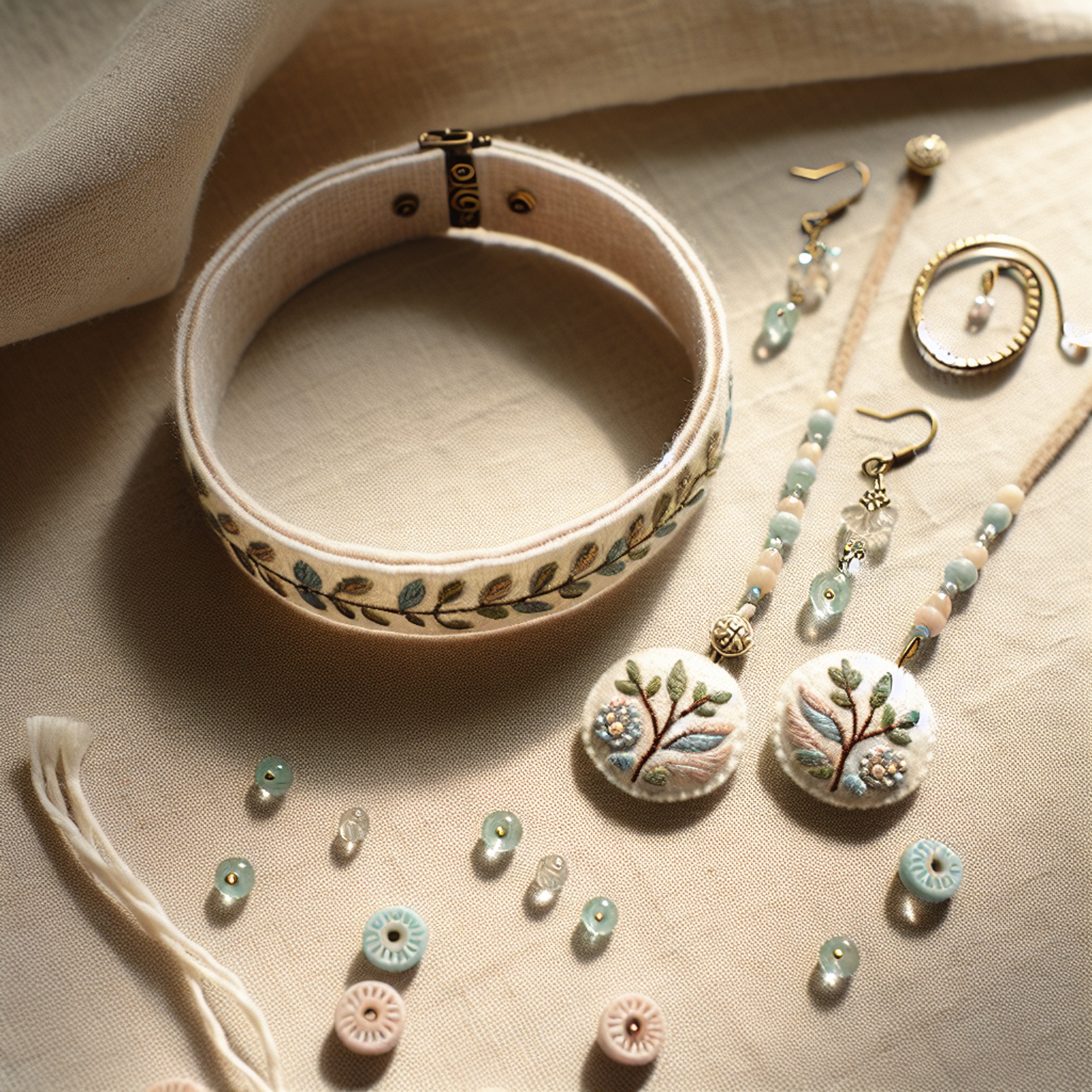 Плоска композиція: браслет для дівчаток з вишивкою по фетру та весільні сережки з бісеру в пастельних відтінках