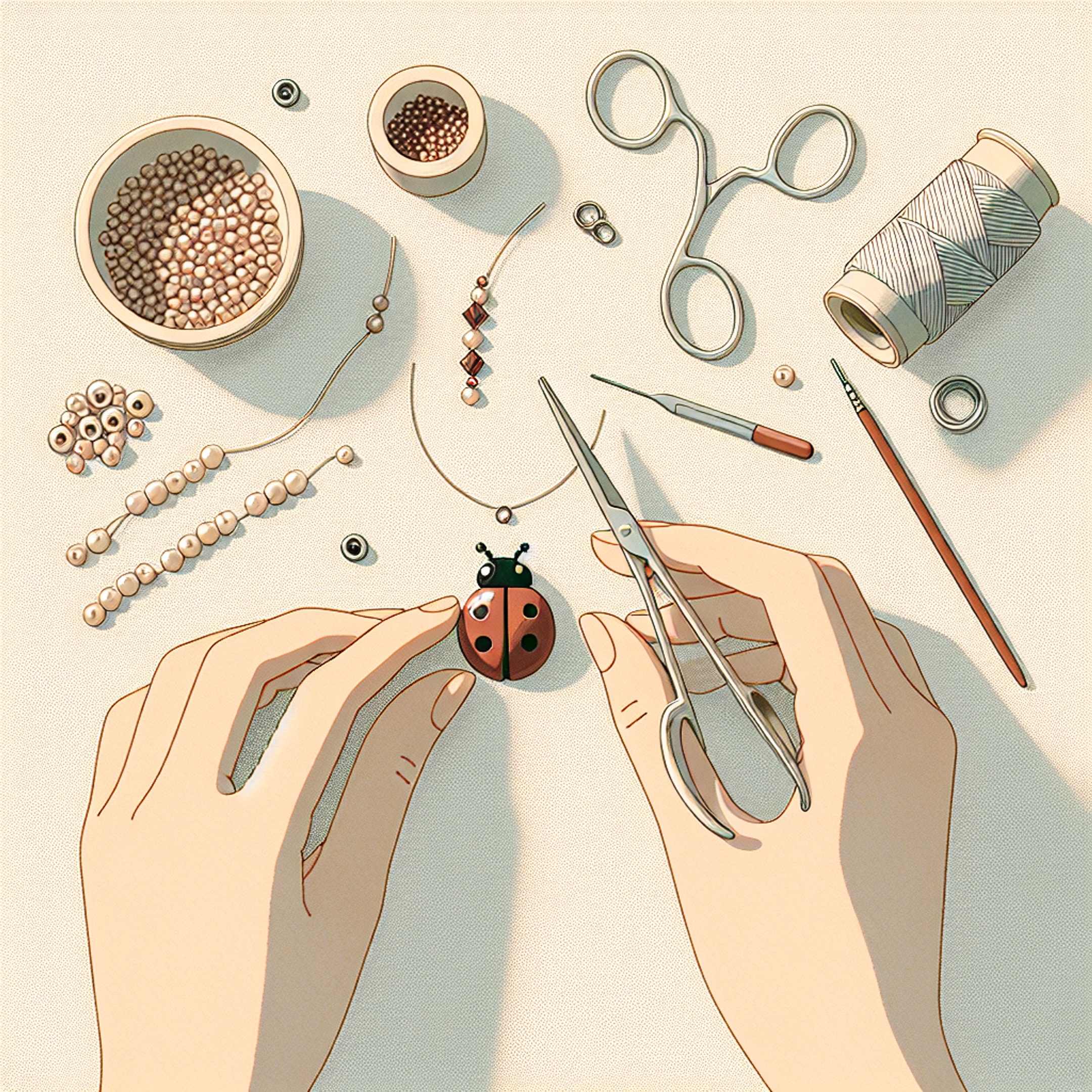 Дитячі руки плетуть бісерну комаху‑жук із каліброваного японського та оригінального чеського бісеру, поруч ножиці для нитки