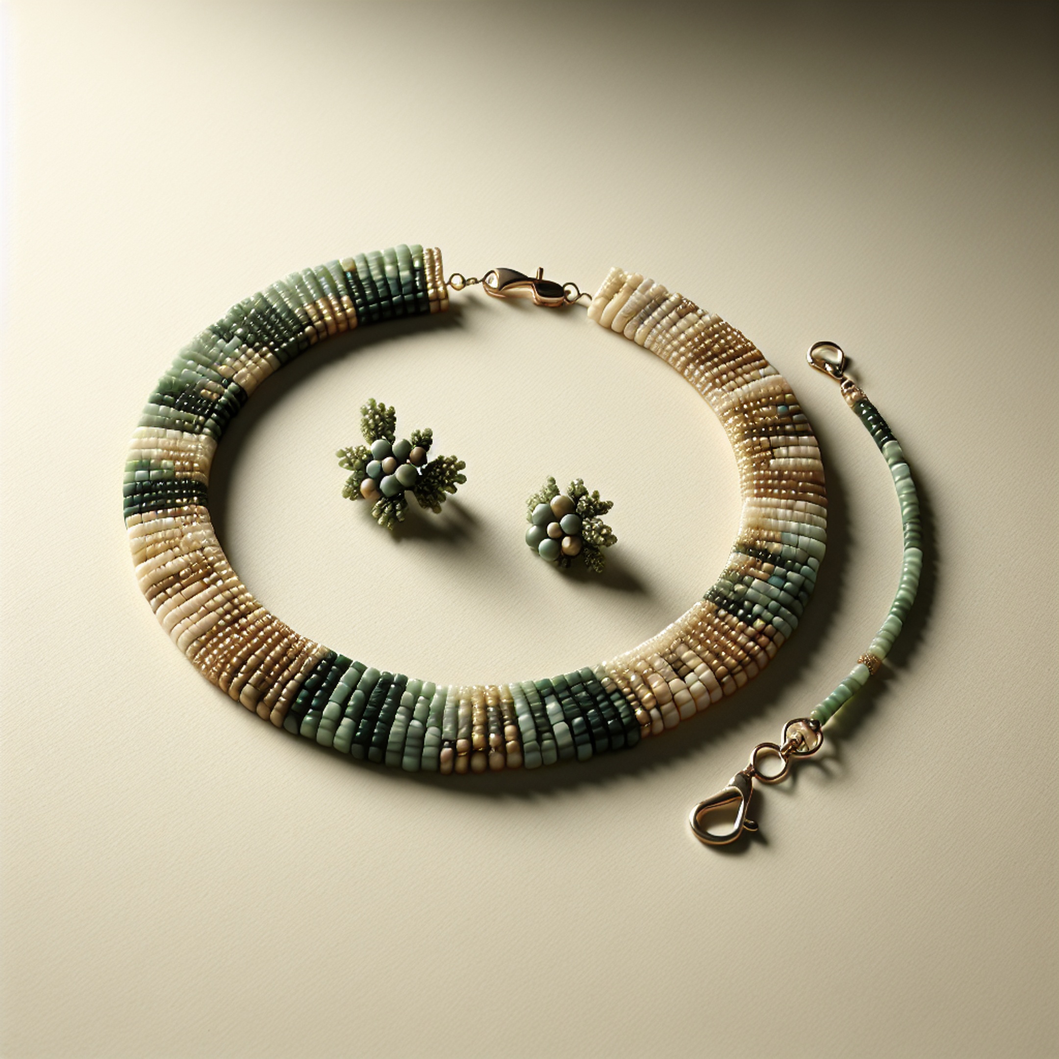 Кольє‑комірець у стилі природи з бісерною бутоньєркою і карабіном на нейтральному фоні - натхнення для уроків бісероплетіння онлайн