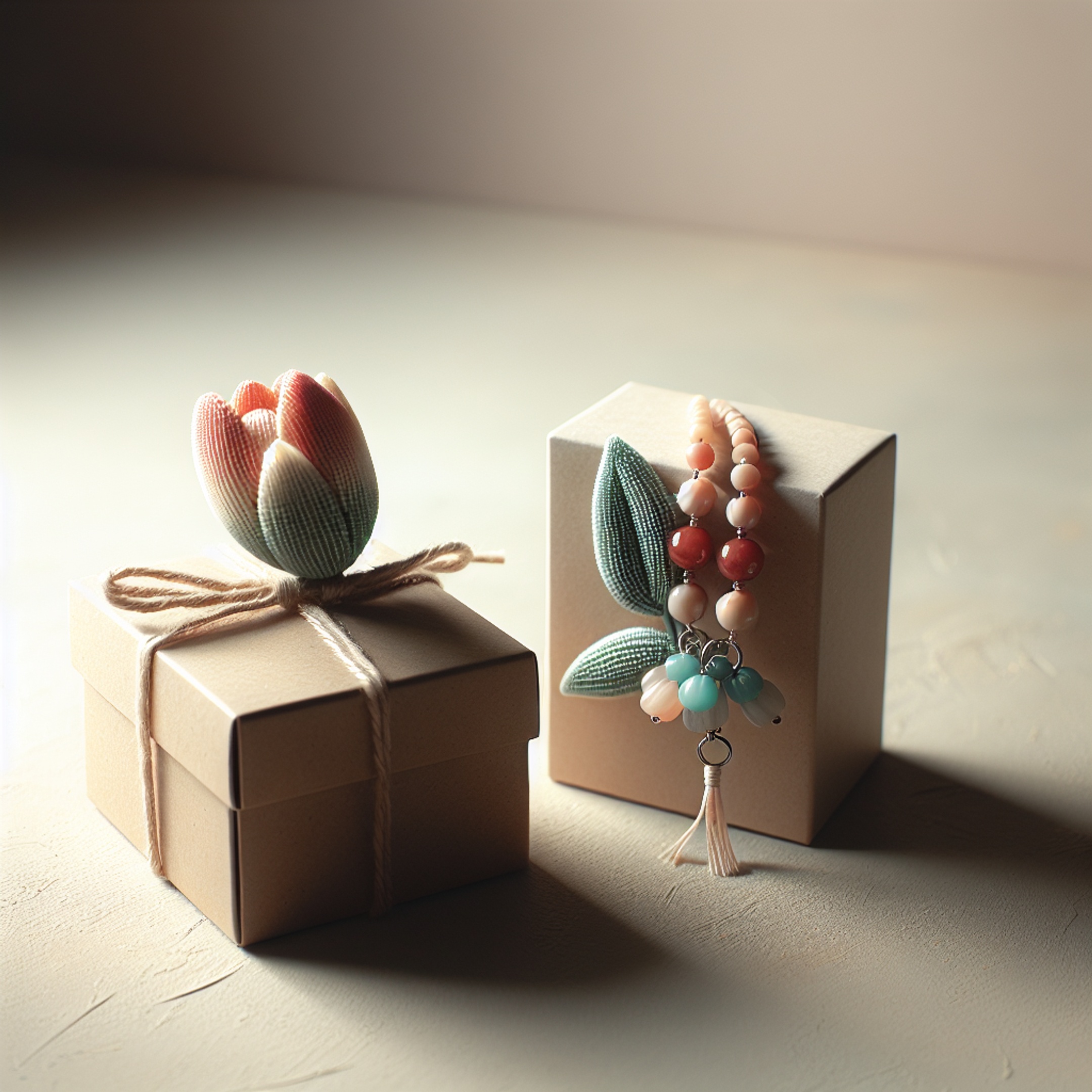 Тюльпан з бісеру та морський брелок поруч із крафт‑подарунковою коробкою - мінімалістичний декор з бісеру, ідея подарунка на Валентина