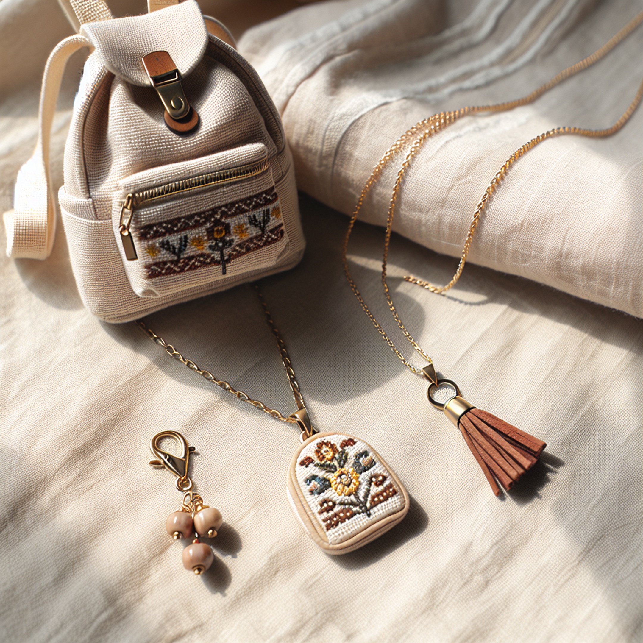 Мінімалістична композиція: сережки Toho, тонкий ланцюжок і брелок для рюкзака на льоні з візерунком сорочки з бісером