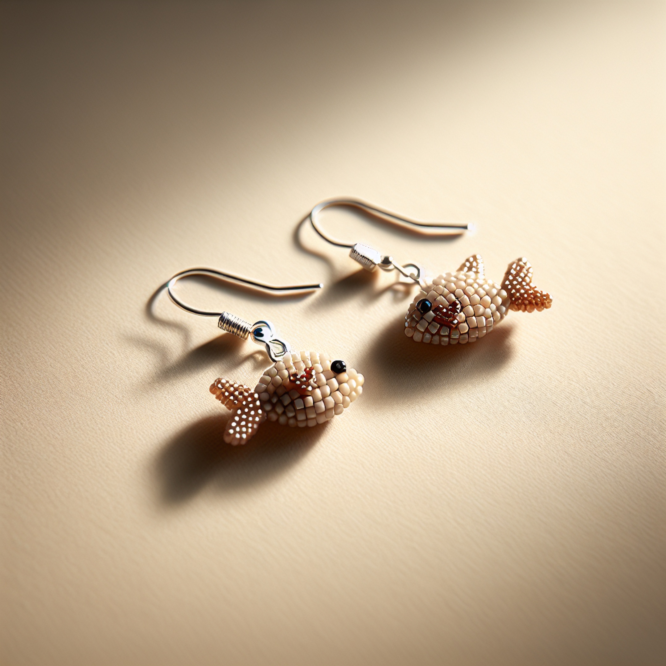 Мінімалістичні сережки з підвісками - ручна робота: бісерна рибка і крихітний кулон у формі серця на срібних швензах, кремове тло