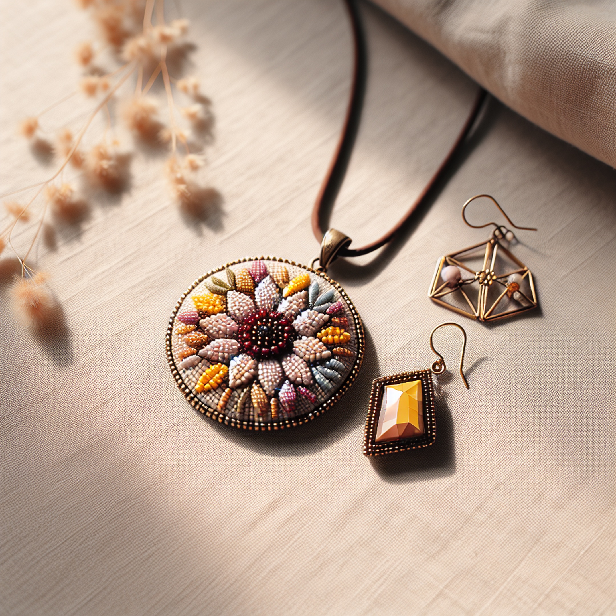 Ручний бісерний квітковий кулон і геометрична сережка на нейтральному лляному фоні - українська авторська прикраса