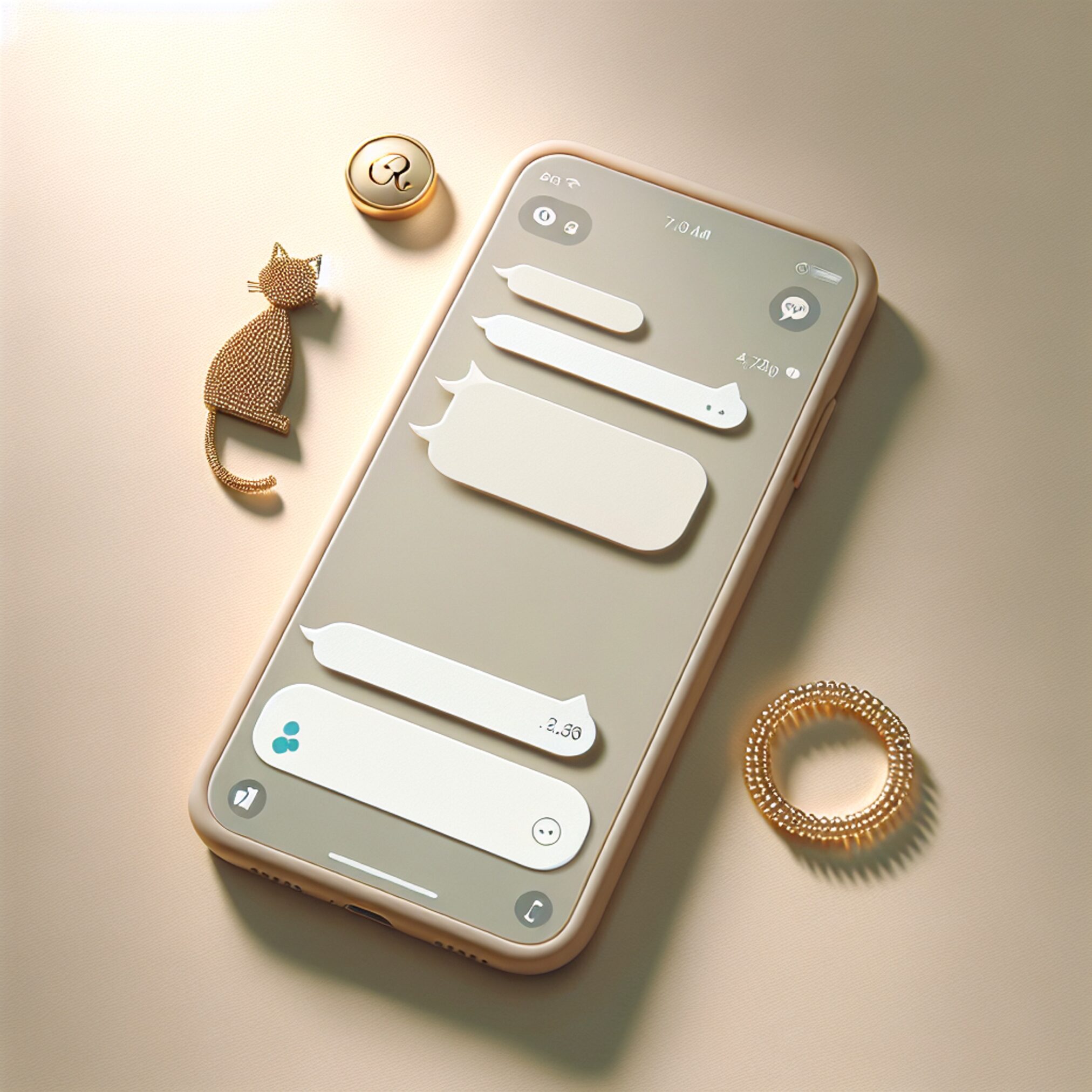 Мінімалістичне flat lay: смартфон із чат-повідомленнями, кільце з буквами та котик з бісеру - ілюстрація до статті про відповіді в директ