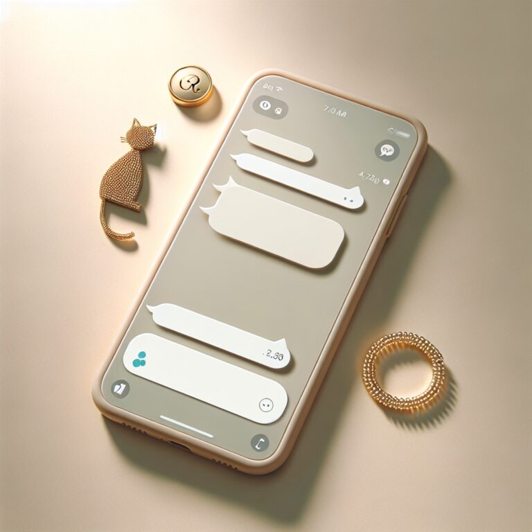 Мінімалістичне flat lay: смартфон із чат-повідомленнями, кільце з буквами та котик з бісеру - ілюстрація до статті про відповіді в директ