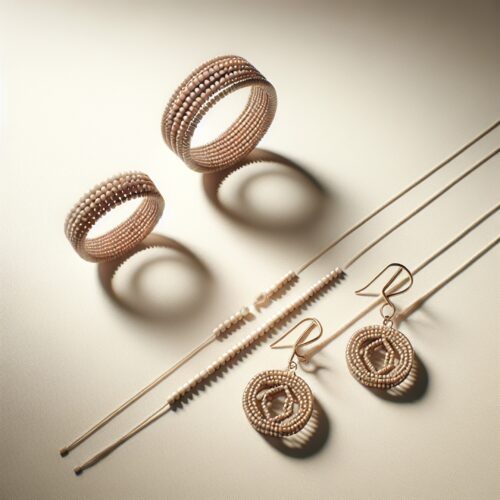 Ручна робота: двошарове кільце, геометричні сережки та кулон з бісеру на чистому світлому фоні