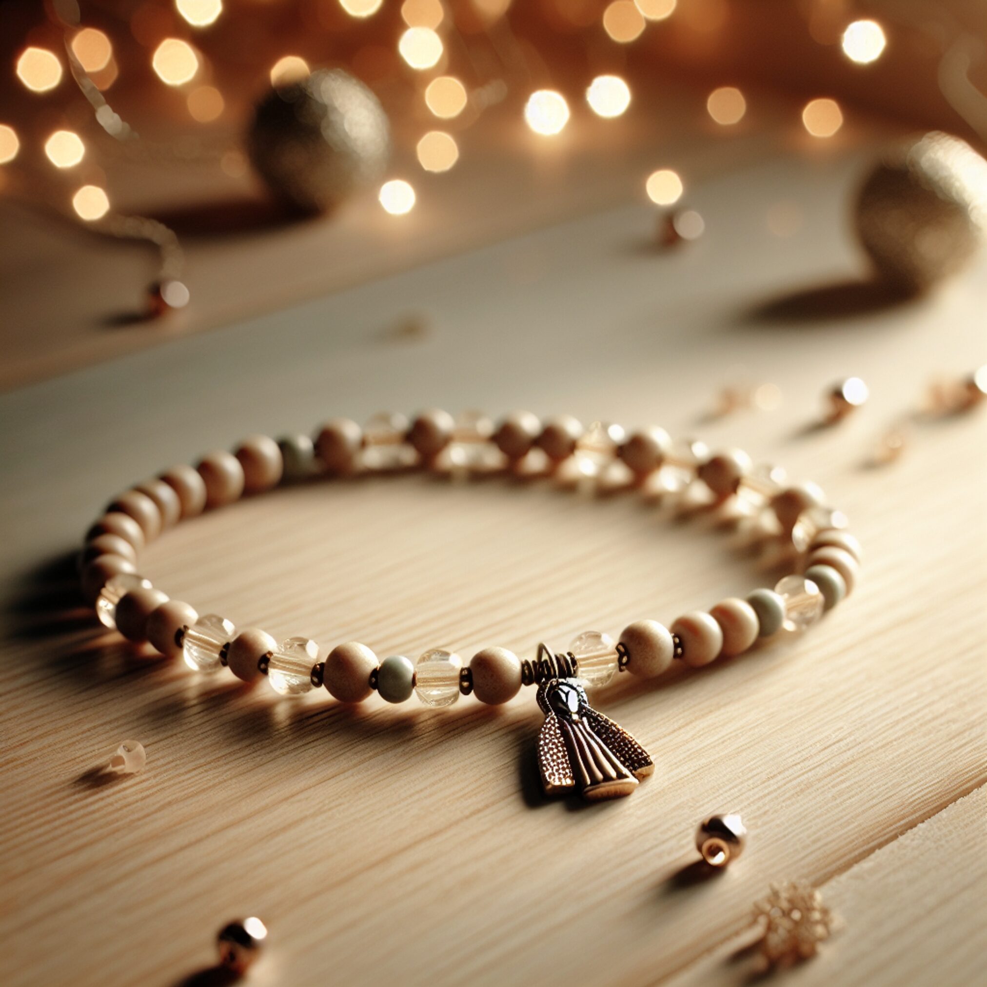Мінімалістичний браслет з бісеру з фігурним кулоном на світлому дерев'яному фоні - ідея подарунка з бісеру своїми руками