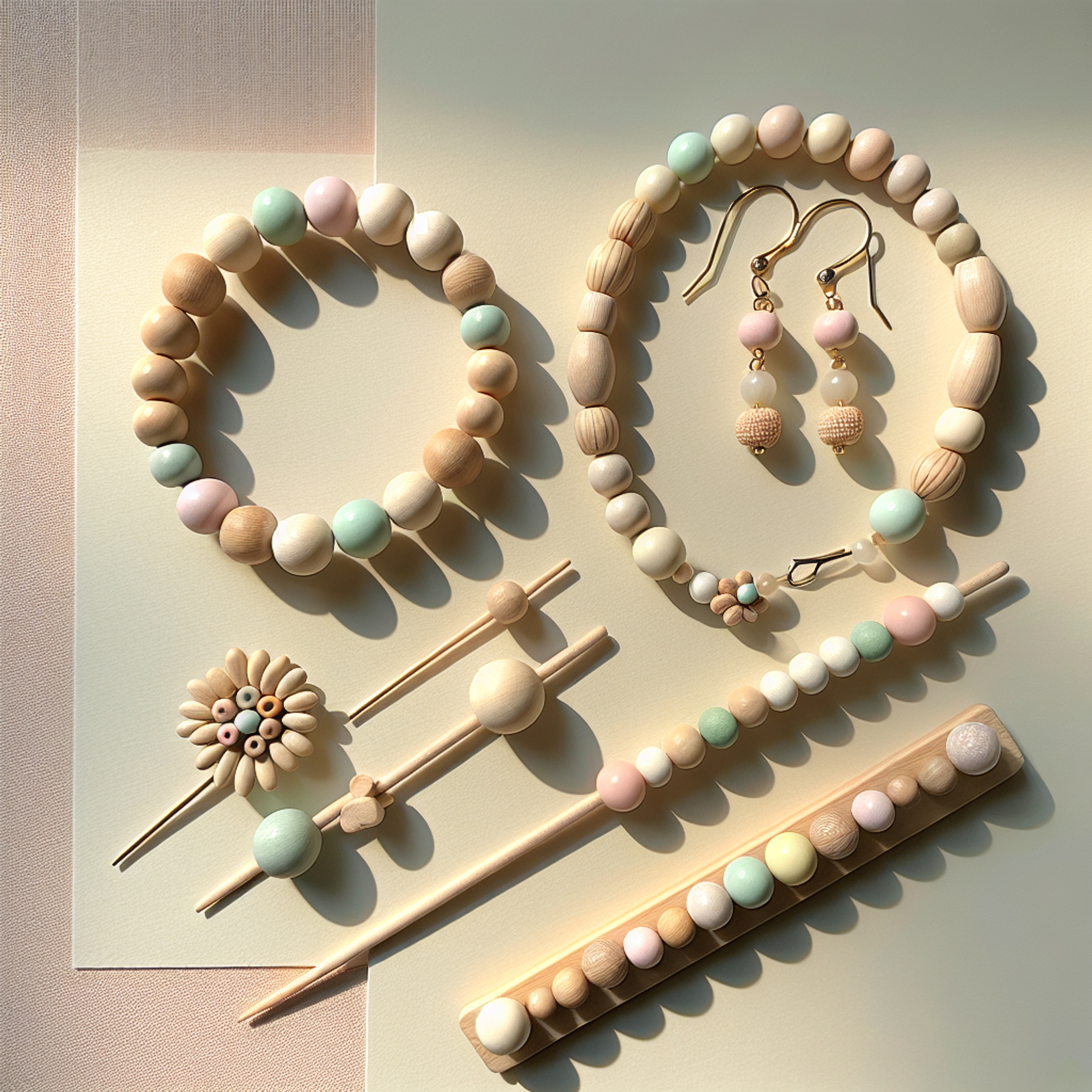 Пастельні кольори й дерев’яні елементи: 3 покрокові проєкти з бісеру – сережки, браслет і заколка “соняшник”