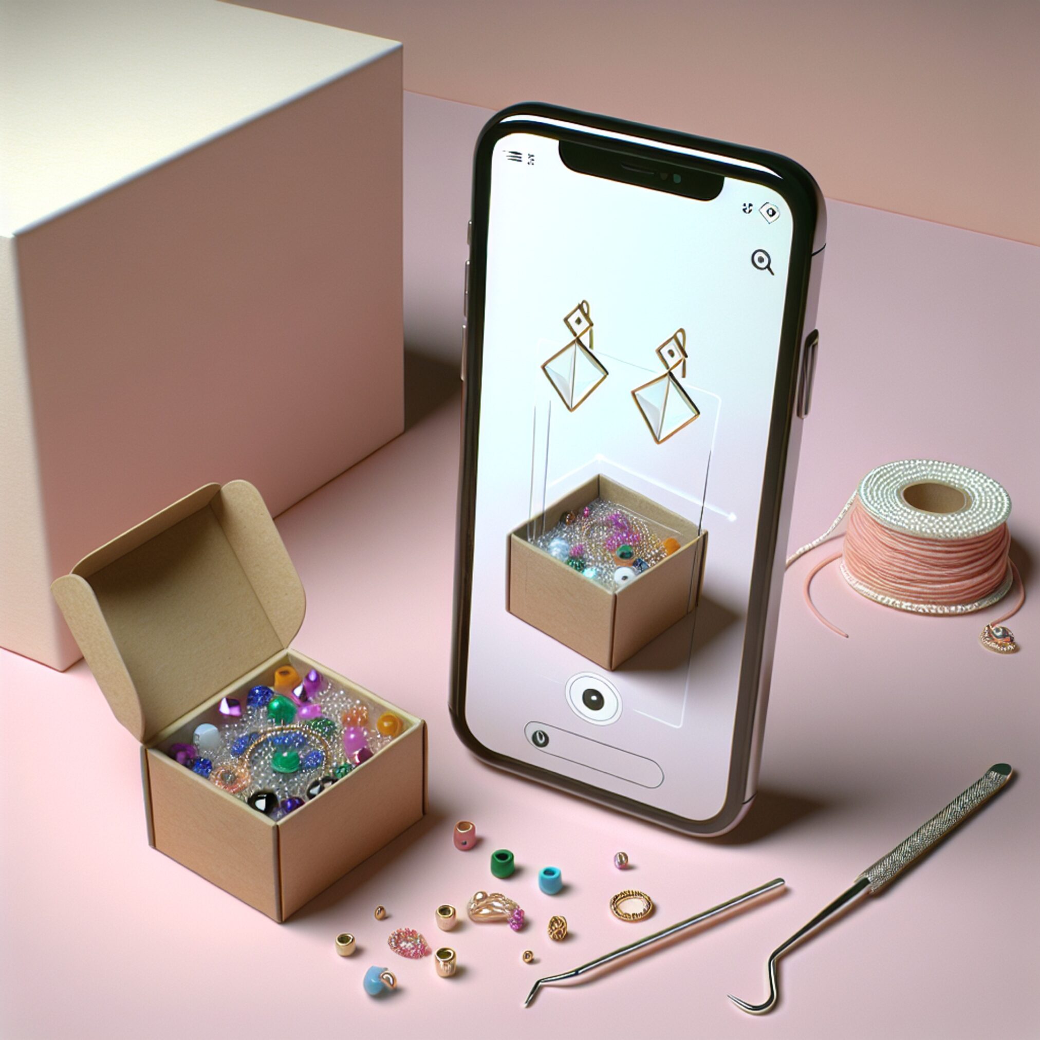 AR-примірка геометричних сережок на смартфоні поруч із підписковим боксом з кольоровими намистинами і гачком для бісеру