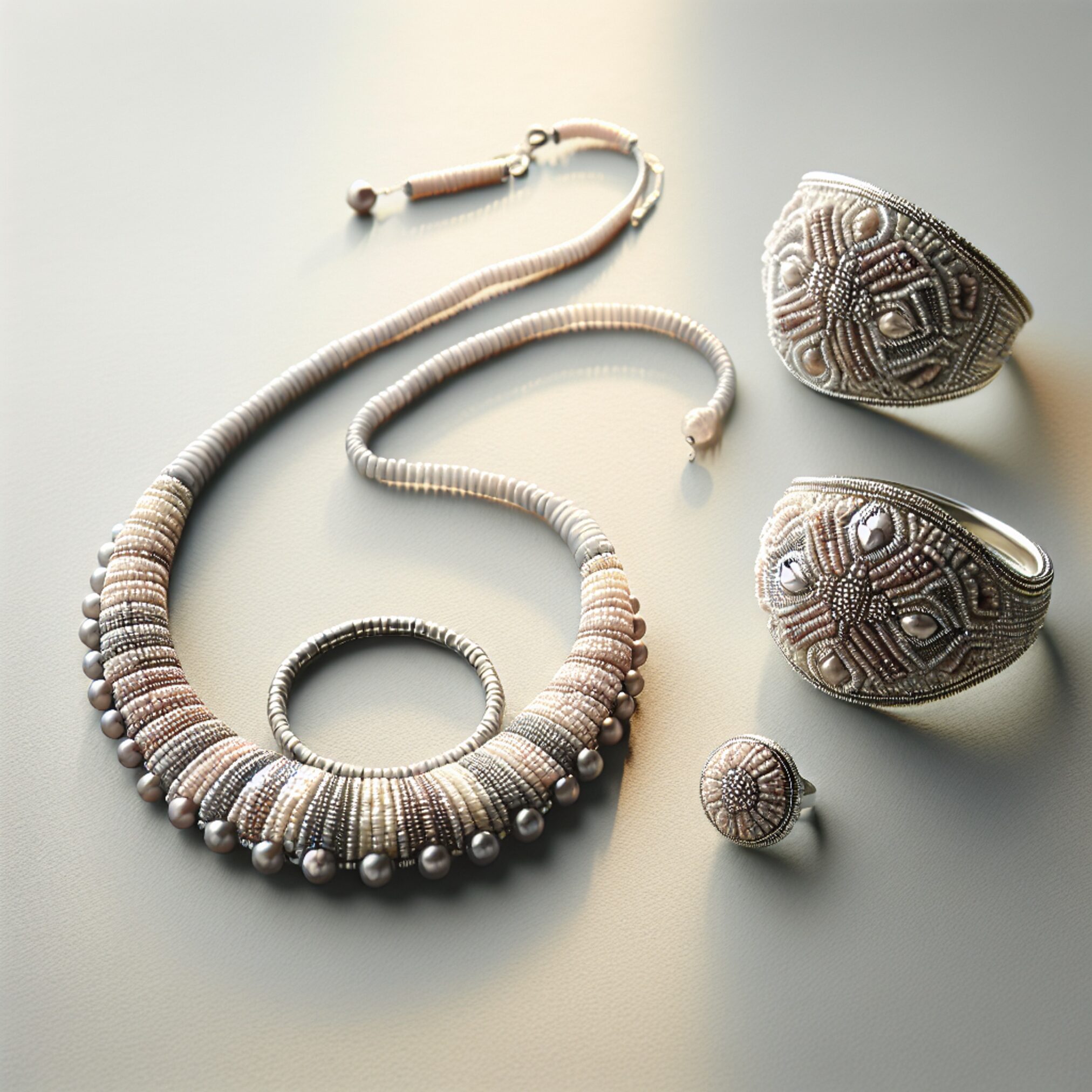 Кольє з японського бісеру Miyuki, кільце на металевій основі з пришитим бісером і парний браслет - пастельні та металеві кольори бісеру