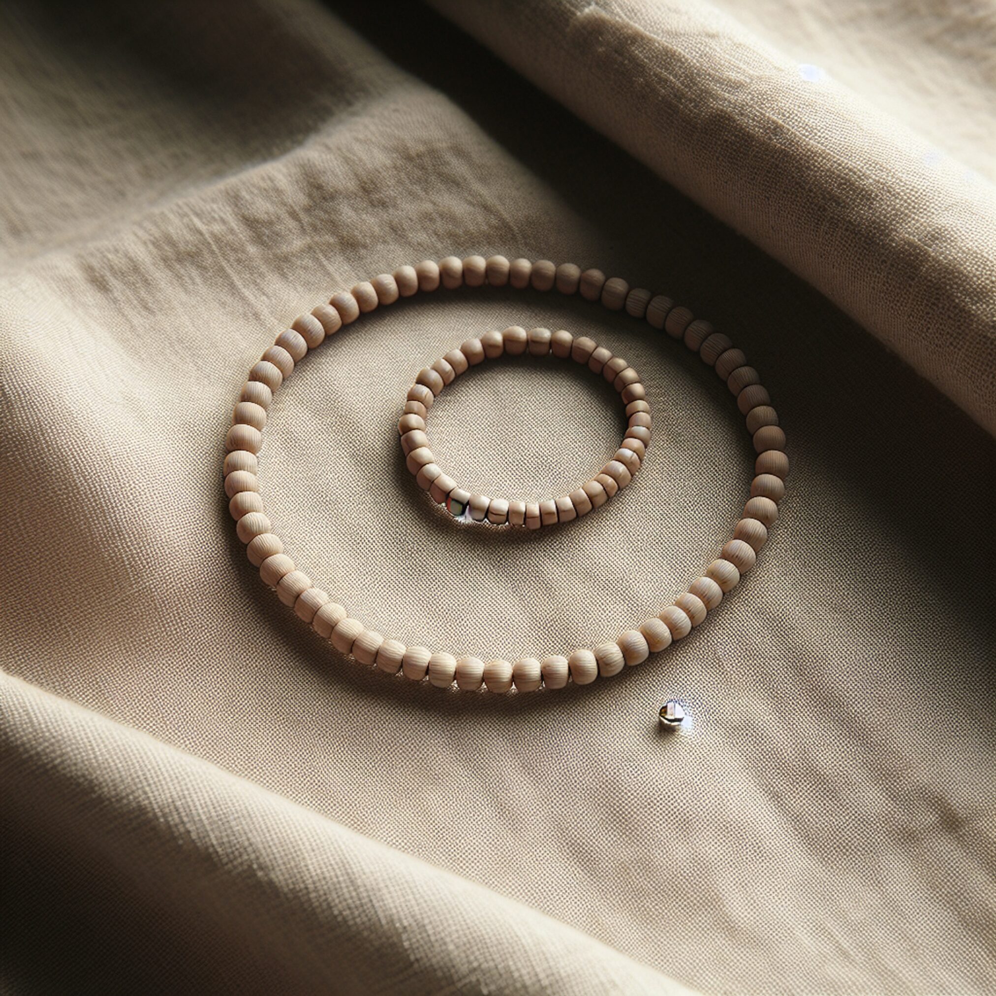 Мінімалістична flat-lay композиція: тонкий браслет з бісеру і бісерне кільце на світлому льняному фоні з металевим роздільником