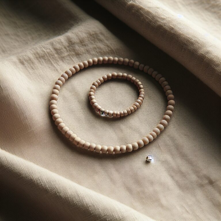 Мінімалістична flat-lay композиція: тонкий браслет з бісеру і бісерне кільце на світлому льняному фоні з металевим роздільником