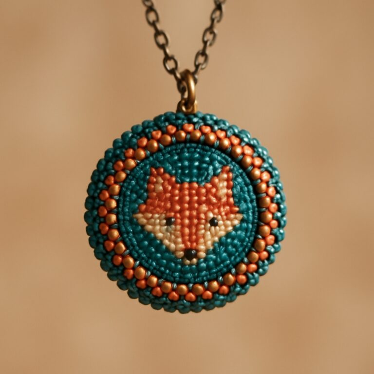 Кулон з бісеру peyote bezel з 14 мм кабошоном, чеський бісер 11/0 глибокий бірюзовий, кораловий і античне золото, м'яке бокове світло