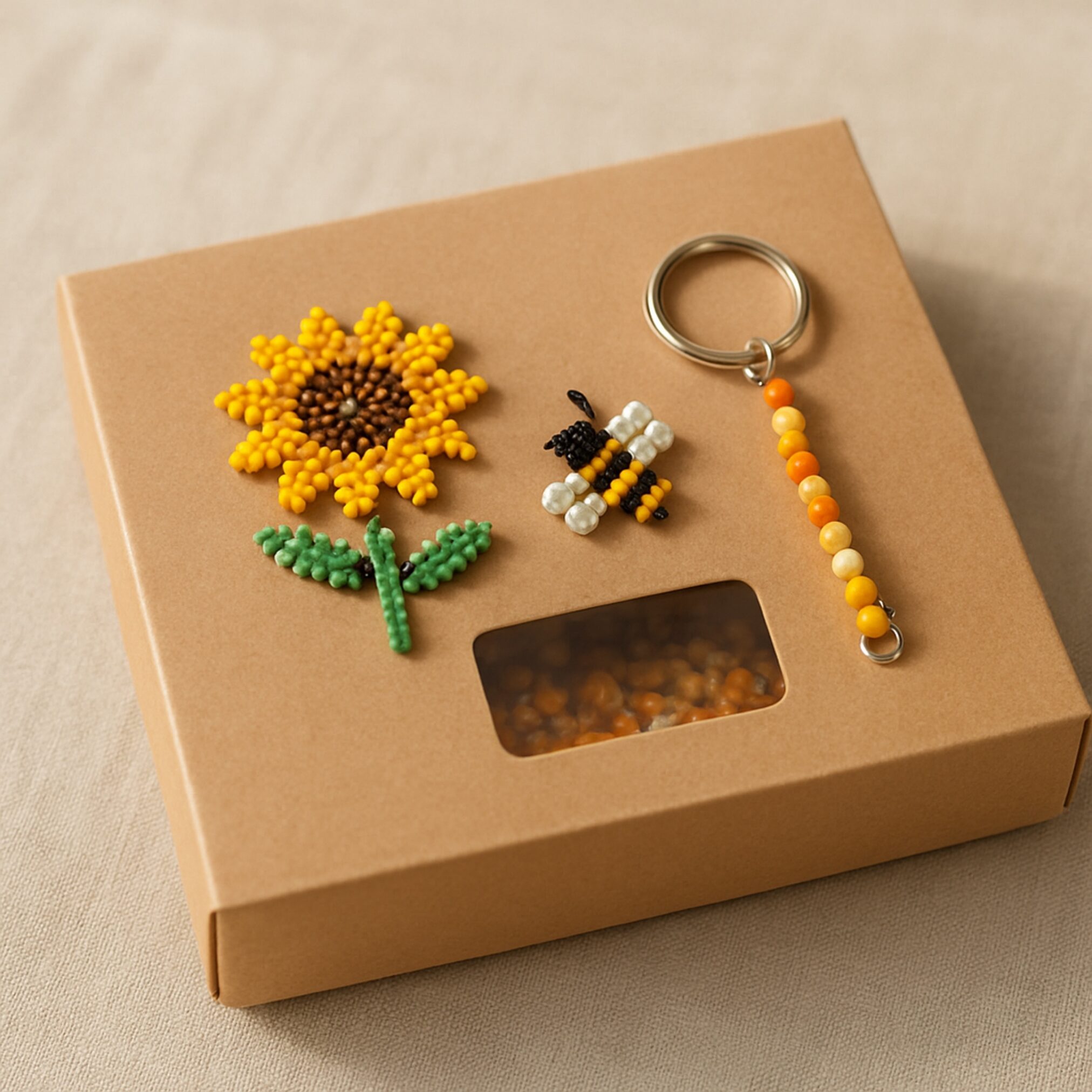 Знімок зверху DIY-кіта: соняшник, бджола і ключниця з бісеру на крафт-коробці - для соняшників з бісеру, бісерних комах і ключниць з бісеру, фото для продажу в Instagram