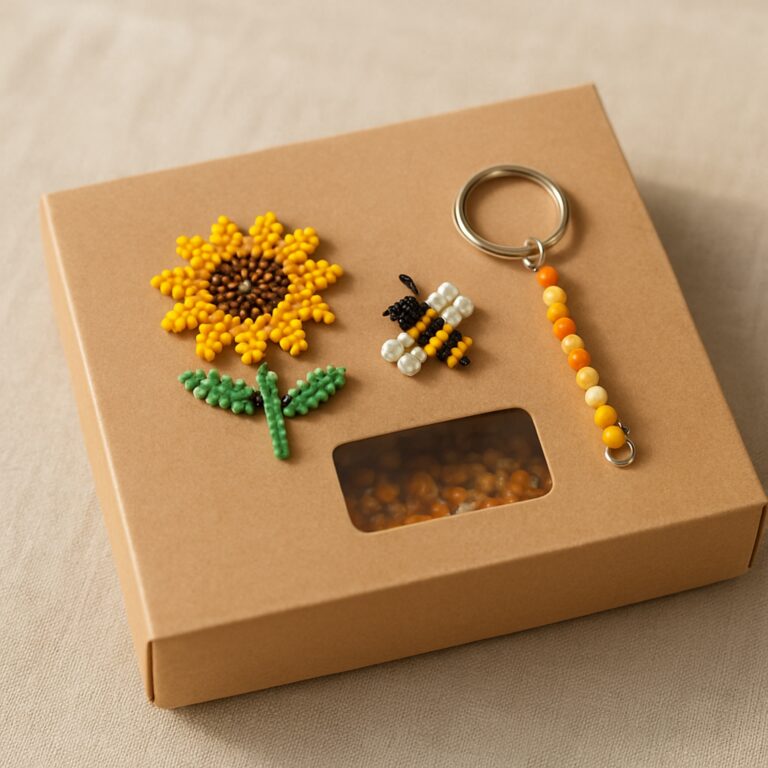 Знімок зверху DIY-кіта: соняшник, бджола і ключниця з бісеру на крафт-коробці - для соняшників з бісеру, бісерних комах і ключниць з бісеру, фото для продажу в Instagram