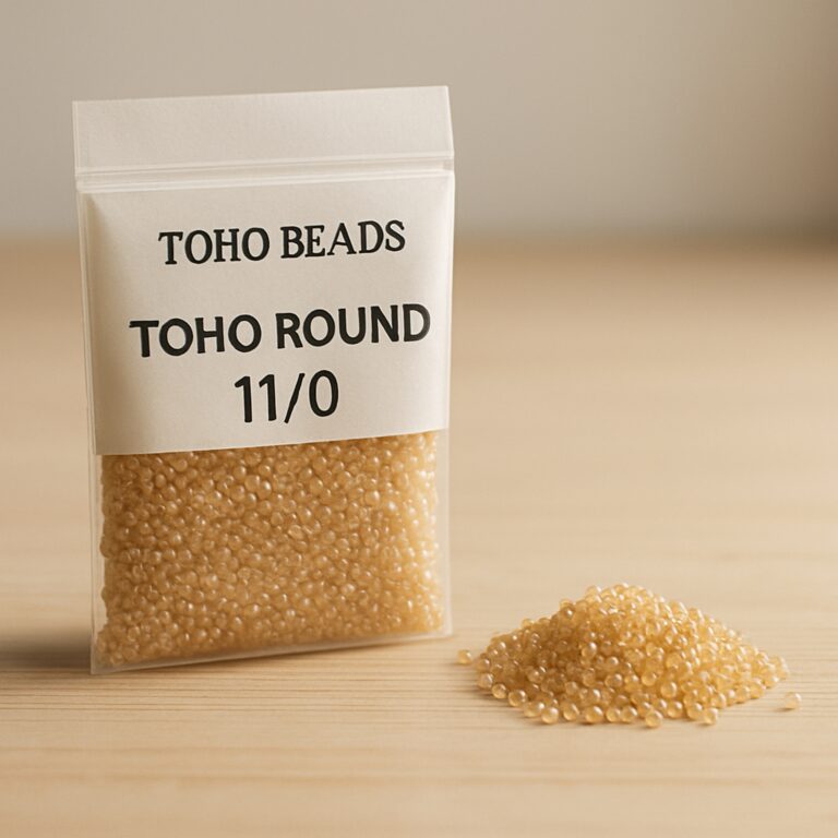 Пакет японського бісеру Toho Round 11/0 з видимим артикулом і невеликою купкою бісерин на світлому дерев'яному столі, мінімалістичний нейтральний фон