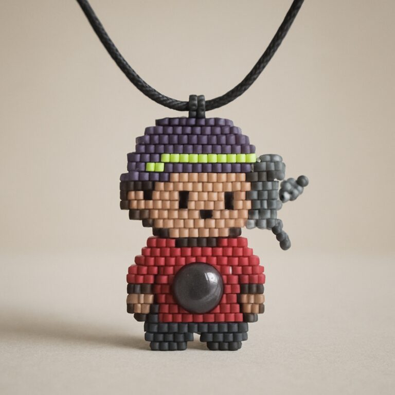 Мінімалістичний кулон з бісеру та каміння (кабошон), Delica beads і маленька бісерна мишка на чорному шнурі - бісер у вуличній моді